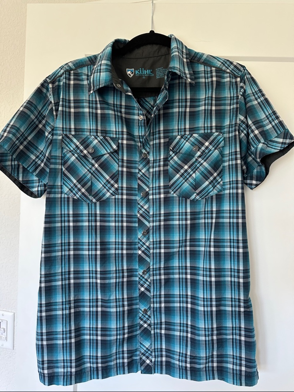 Kuhl ‘Cool’ Men’s Teal & Black Plaid Short-Sleeve Snap Buttons